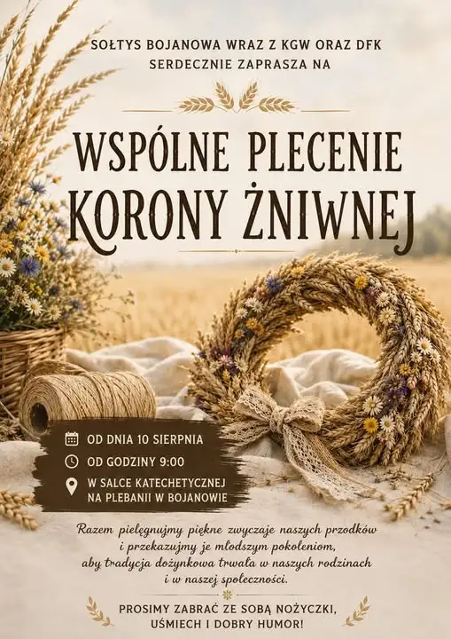 Wspólne plecenie korony dożynkowej – zaproszenie dla wszystkich mieszkańców