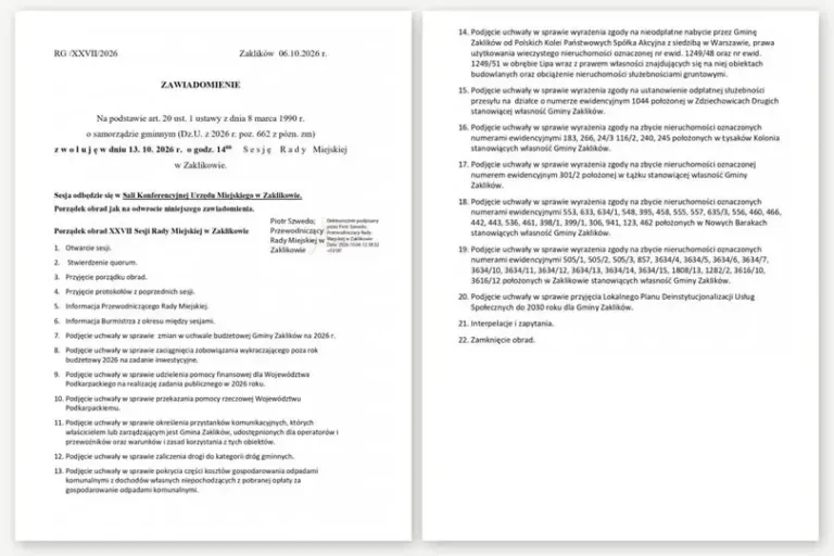 XXVII Sesja Rady Miejskiej w Zaklikowie – 13 października 2026