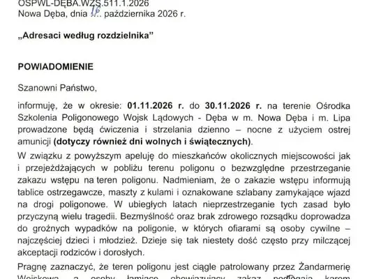 Poligon Dęba: zakaz wstępu przez cały listopad 2026 – ostre strzelania dzień i noc