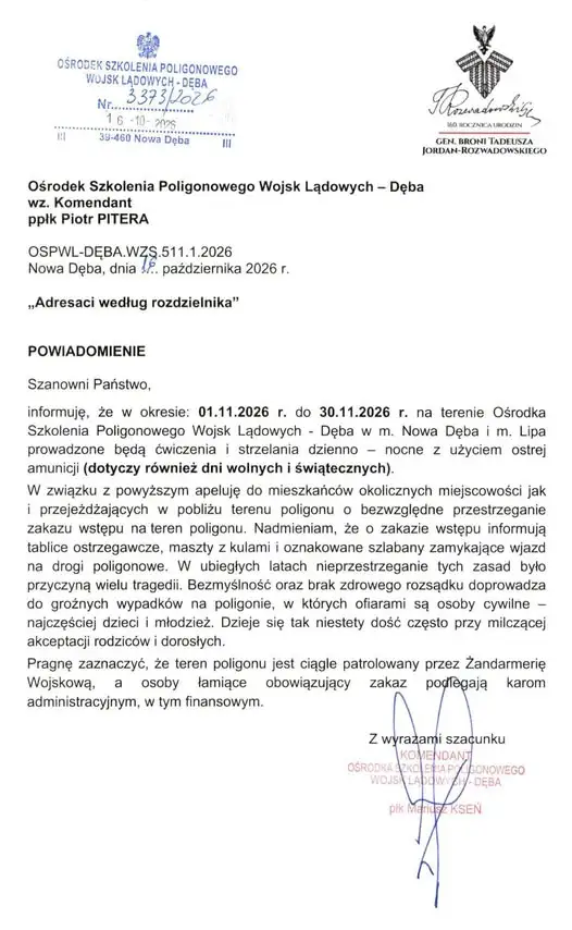 Poligon Dęba: zakaz wstępu przez cały listopad 2026 – ostre strzelania dzień i noc