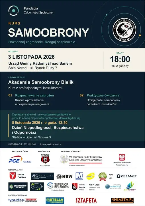 Bezpłatny kurs samoobrony w Radomyślu nad Sanem – 3 listopada 2026