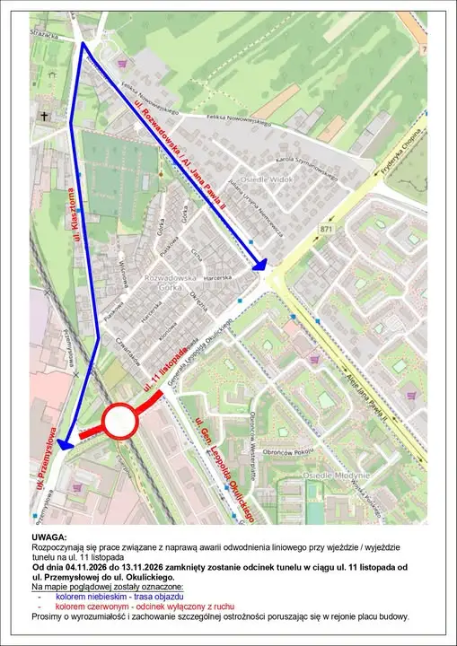 Stalowa Wola: tunel na ul. 11 Listopada zamknięty od 4 do 13 listopada