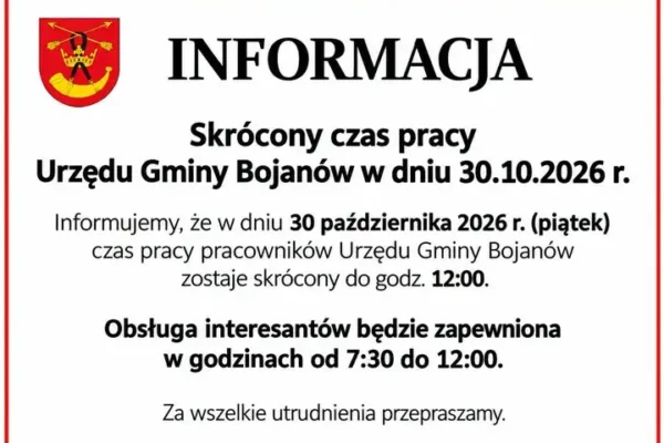 Urząd Gminy Bojanów w piątek pracuje krócej – do 12:00