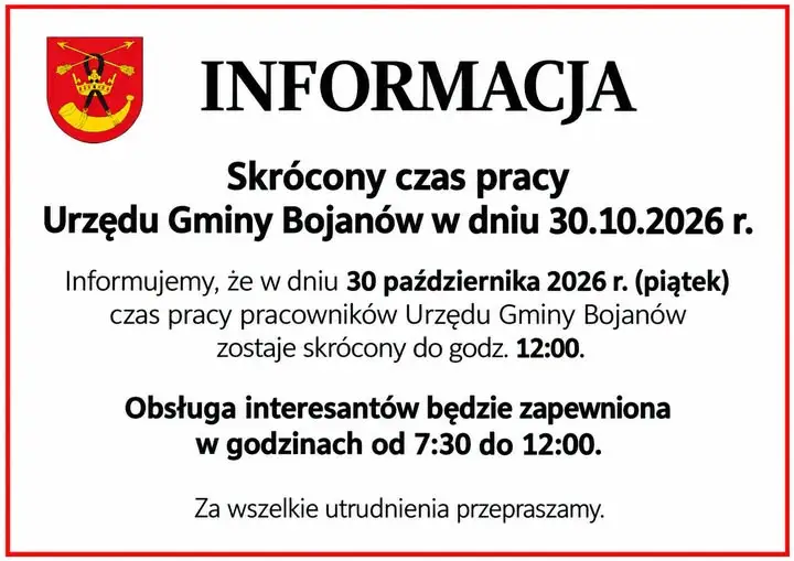 Urząd Gminy Bojanów w piątek pracuje krócej – do 12:00